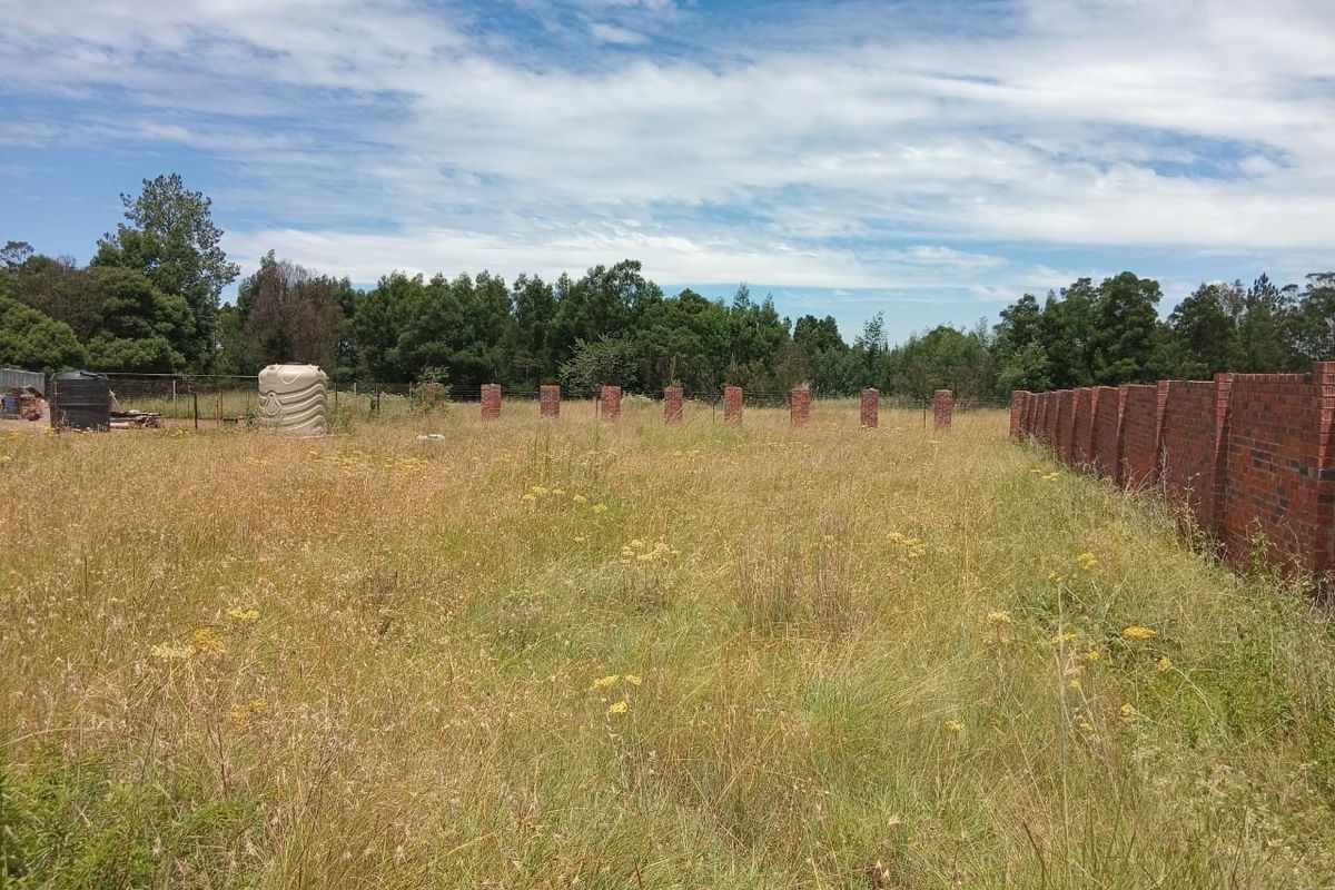 A vacant residential plot featuring a brick boundary wall, fence pillars, and a water storage tank, surrounded by established trees and overgrown grass.