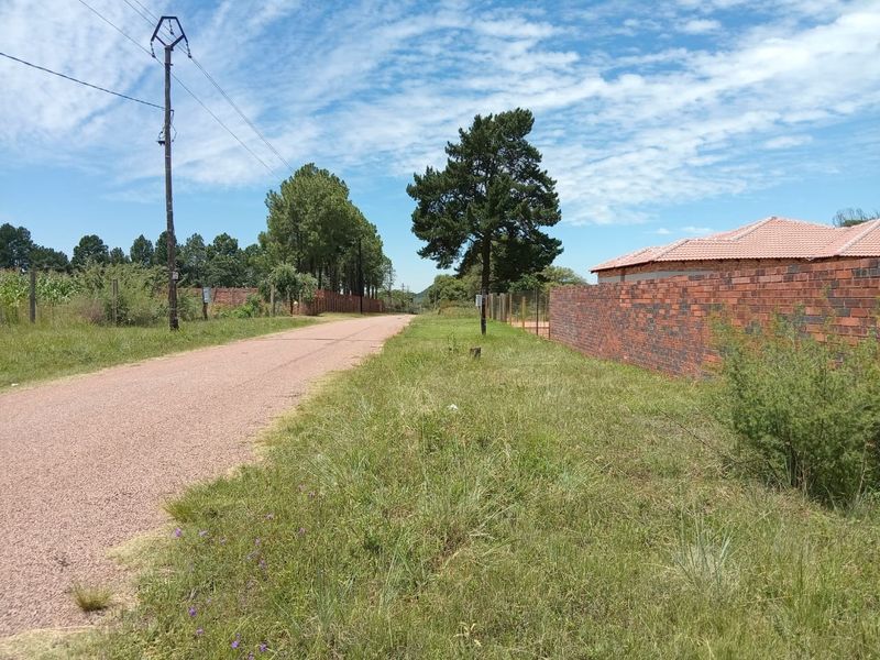 A view of a gravel road frontage featuring a brick boundary wall, utility pole, and surrounding natural landscape.