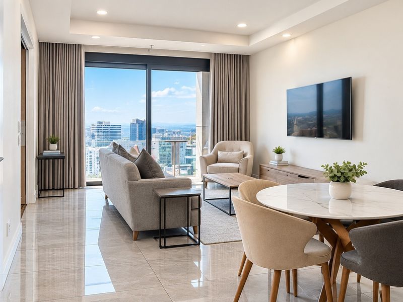 Modern open-plan living and dining area featuring sleek tiled floors, recessed ceiling lighting, and a large sliding glass door with expansive city views.
