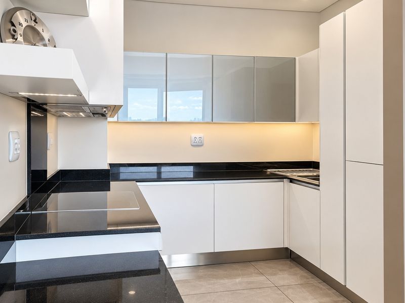 Modern kitchen featuring sleek white cabinetry, contrasting black stone countertops, integrated hob, and ambient under-cabinet lighting.