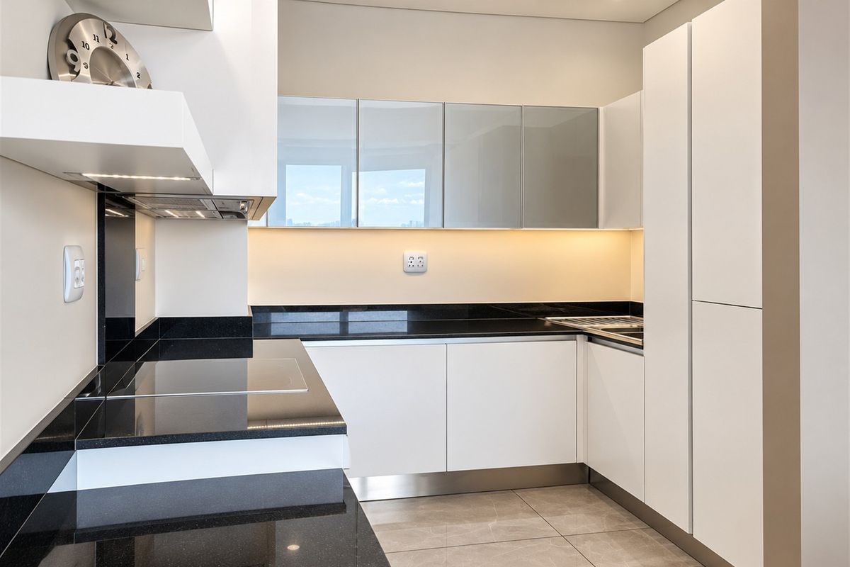 Modern kitchen featuring sleek white cabinetry, contrasting black stone countertops, integrated hob, and ambient under-cabinet lighting.