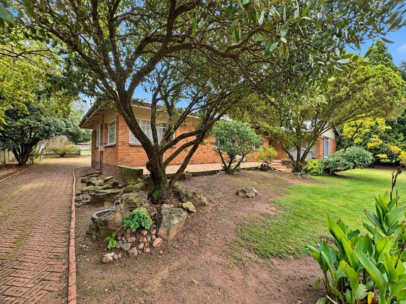 A charming single-story brick house featuring a paved driveway, established garden, and a covered patio area.