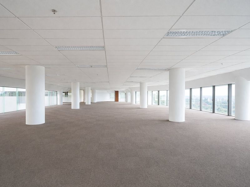 Spacious open-plan commercial office area featuring a suspended ceiling, structural columns, and expansive floor-to-ceiling windows providing ample natural light and panoramic views.