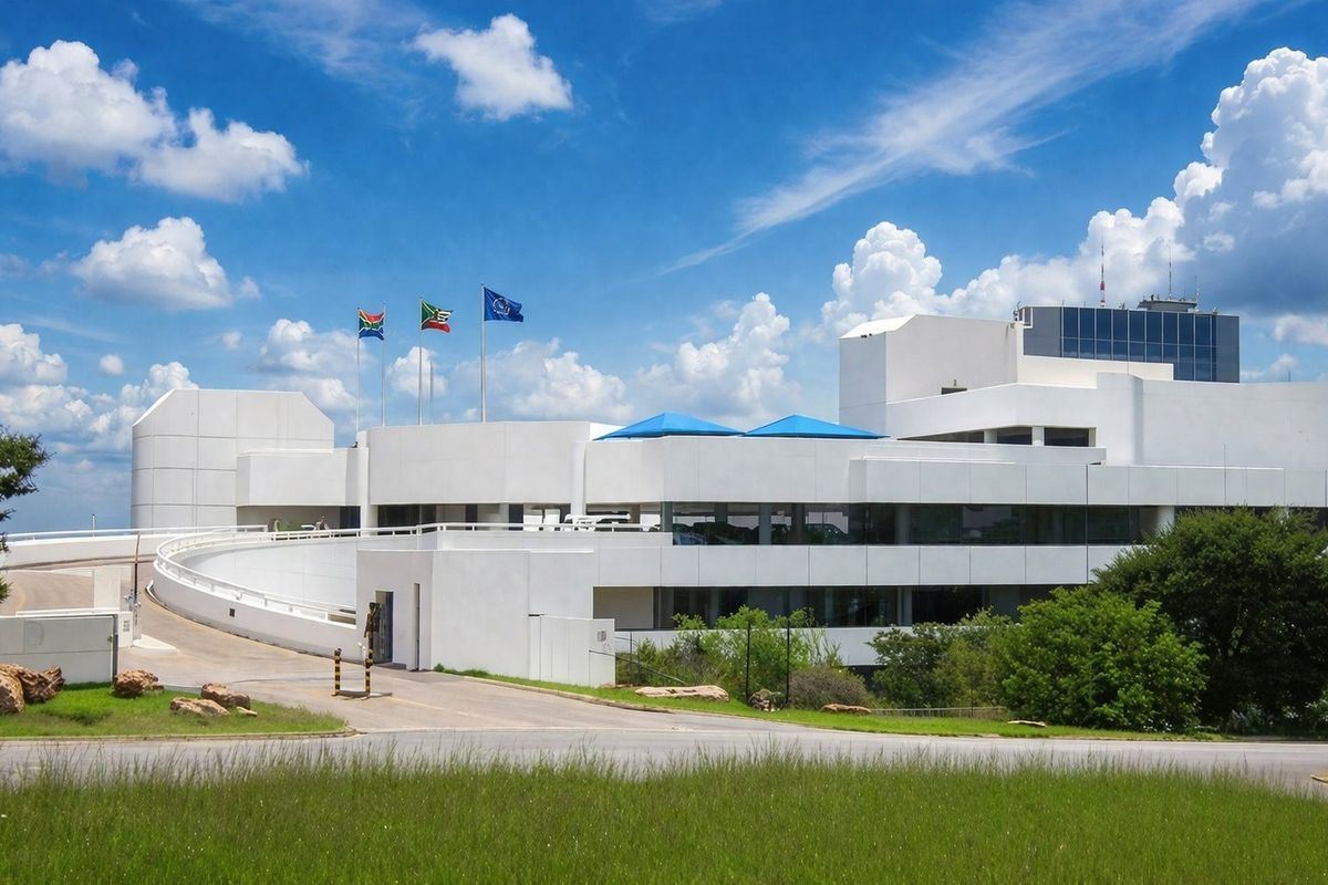 A modern commercial building featuring a prominent curved access ramp, multi-level white facade, and well-maintained surrounding grounds with flagpoles.