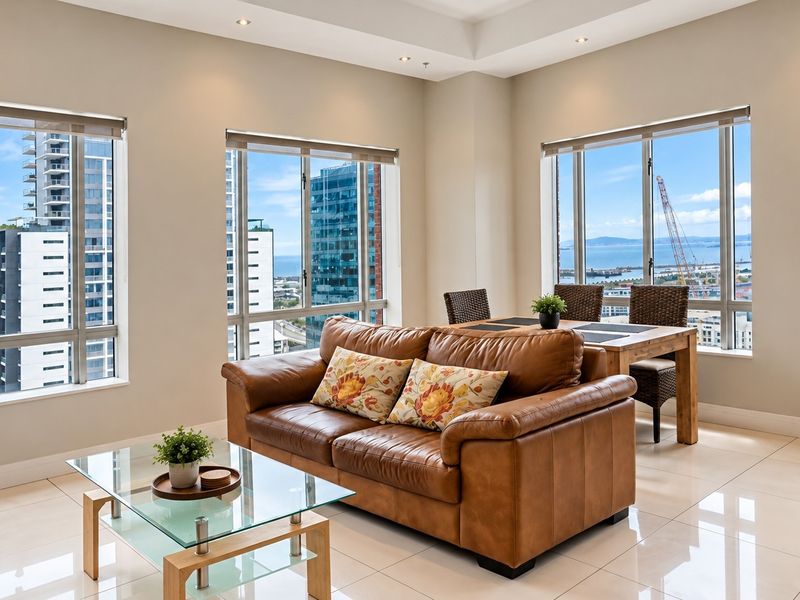Bright open-plan living and dining area featuring large windows with expansive city and ocean views, complemented by neutral tiled flooring and recessed ceiling lighting.