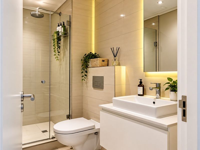 Modern bathroom featuring a walk-in shower with glass screen, wall-mounted toilet, and a sleek vanity with basin and integrated lighting.