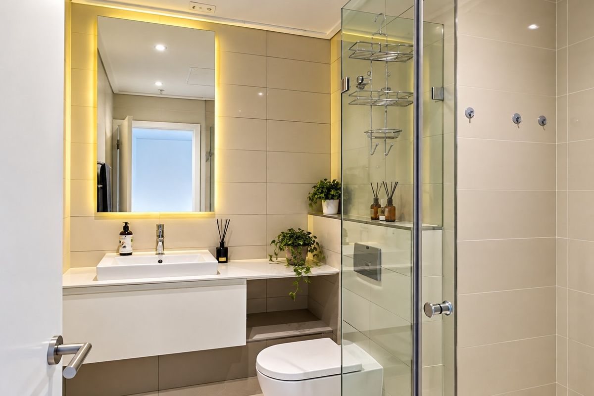 Modern bathroom featuring a wall-mounted vanity with vessel sink, backlit mirror, wall-hung toilet with concealed cistern, and a glass-enclosed shower with neutral tiling.