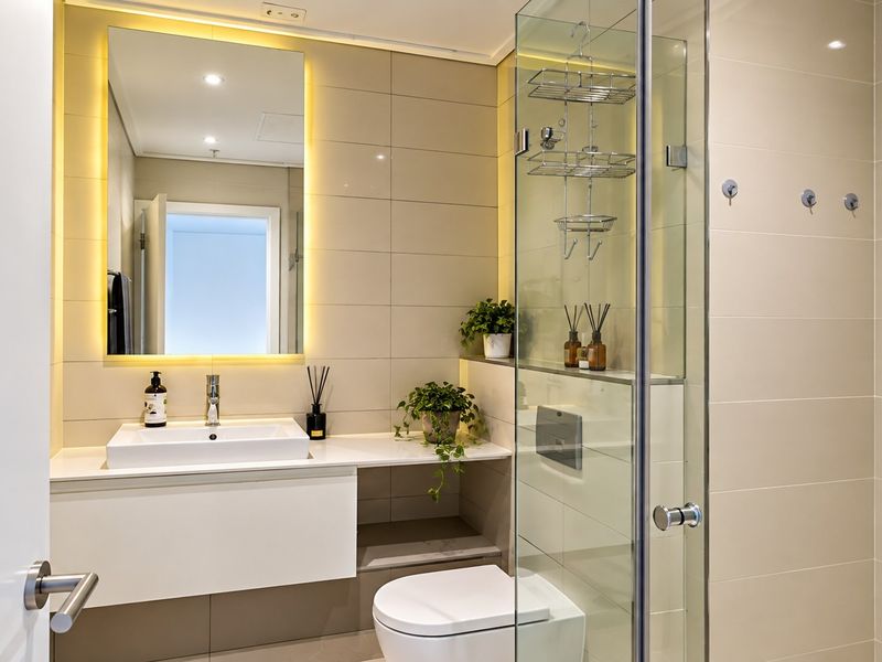 Modern bathroom featuring a wall-mounted vanity with vessel sink, backlit mirror, wall-hung toilet with concealed cistern, and a glass-enclosed shower with neutral tiling.