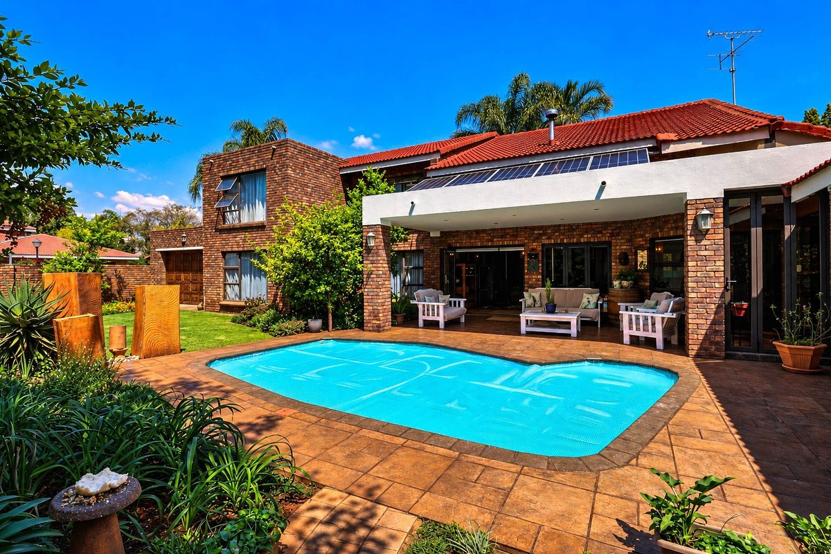 Rear view of a brick house featuring a swimming pool with a cover, a covered patio area, and roof-mounted solar panels.