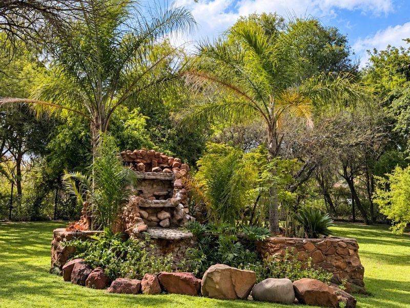 A well-maintained garden area featuring a decorative stone water feature surrounded by lush greenery and mature palm trees.