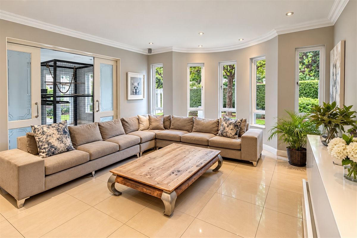 A bright and spacious living room featuring large windows, polished porcelain floor tiles, recessed lighting, and elegant sliding doors leading to an outdoor area.