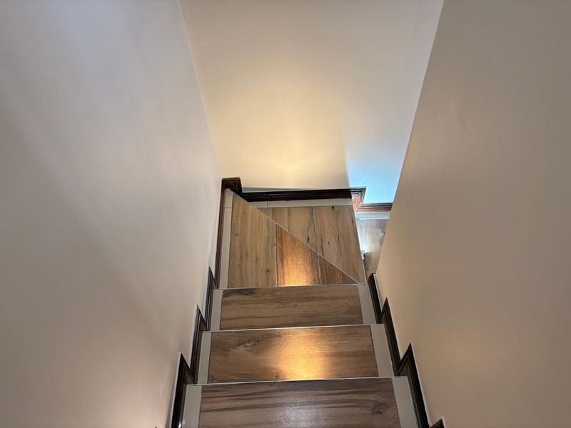 A view looking down a staircase featuring wood-look tiled steps and dark timber skirting boards.