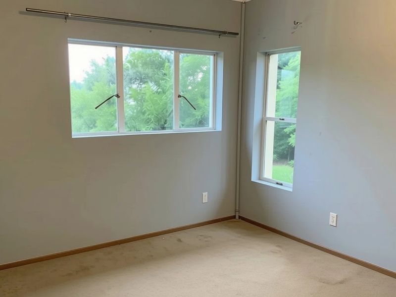 An empty bedroom featuring neutral walls, carpet flooring, and large windows that provide natural light and garden views.