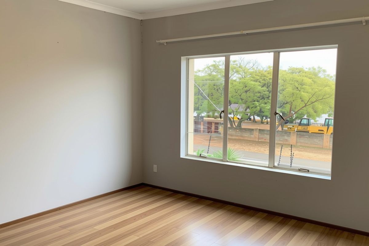 An empty bedroom featuring laminate flooring and a large window with a cracked pane, offering a view of the street.