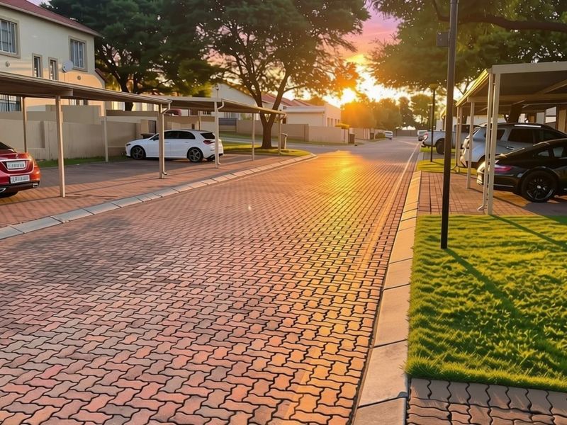 A view of the residential complex street featuring paved driveways, covered parking bays, and well-maintained landscaped areas at sunset.