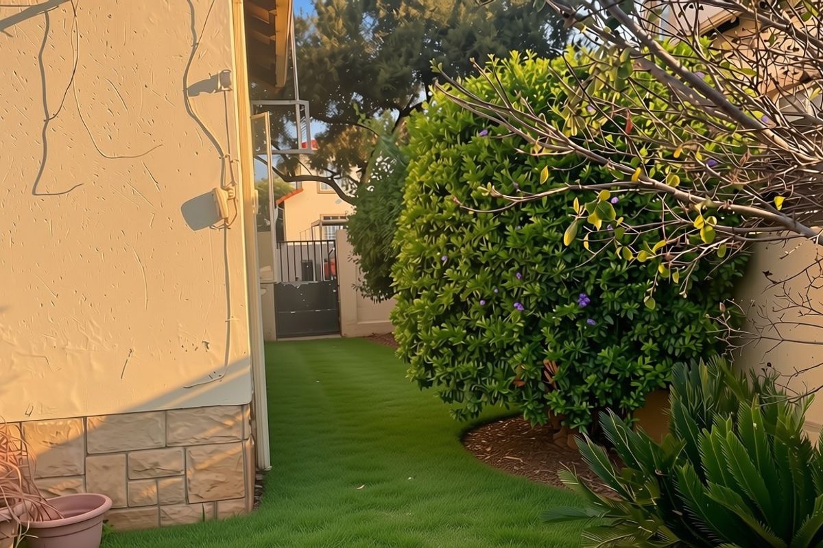 A well-maintained rear garden area featuring a manicured lawn, mature shrubbery, and a secure metal gate access point.