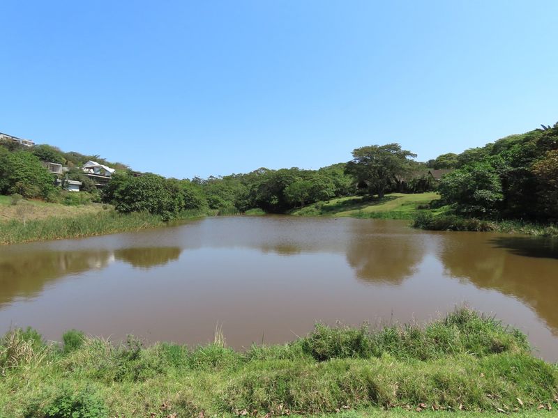 A scenic view of a natural pond surrounded by lush greenery and established trees within the residential estate.