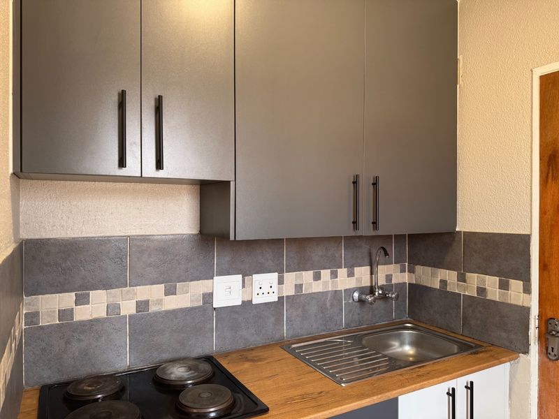 Compact kitchen area featuring modern grey cabinetry, a wooden countertop, integrated electric hob, and a stainless steel sink with tiled backsplash.