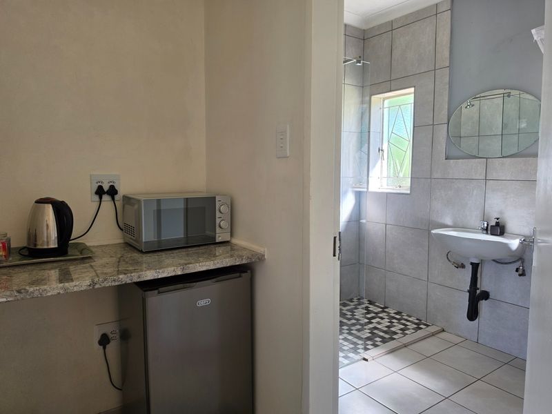 A compact open-plan kitchenette area featuring a granite countertop, leading into a modern bathroom with a walk-in shower and tiled finishes.