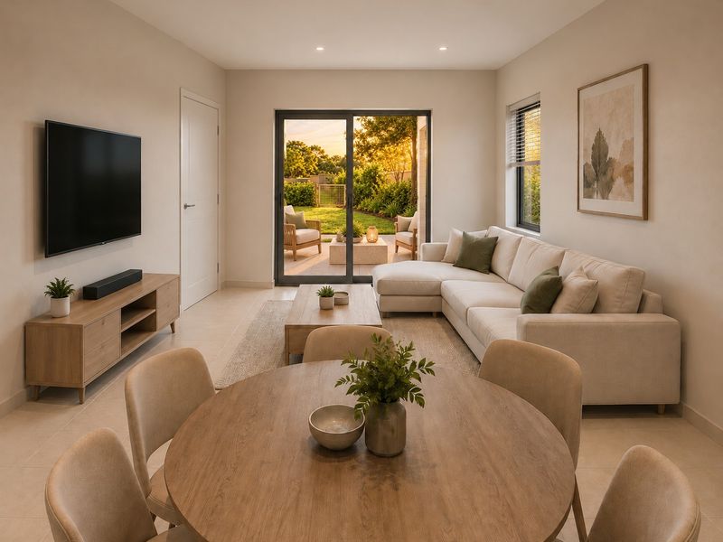 A bright and modern open-plan living and dining area featuring tiled floors, recessed lighting, and large sliding doors leading to a private garden patio.