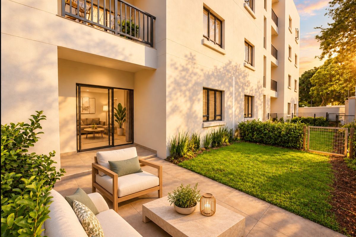 A modern ground-floor apartment featuring a private tiled patio, landscaped garden, and seamless indoor-outdoor flow through large sliding glass doors.