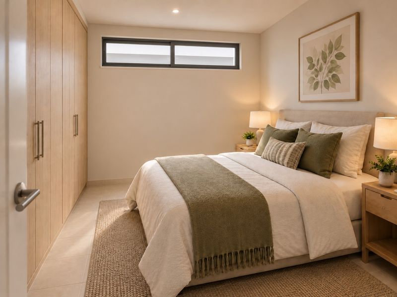 A modern, well-lit bedroom featuring neutral tones, built-in timber-look wardrobes, tiled flooring, and a sleek horizontal clerestory window.