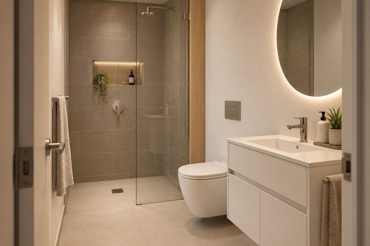 Modern bathroom featuring a walk-in shower with a recessed niche, wall-hung toilet, and a sleek vanity with an illuminated mirror.