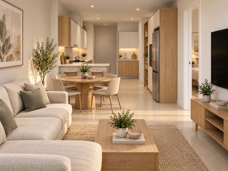 Modern open-plan living and kitchen area featuring light wood cabinetry, integrated appliances, recessed lighting, and neutral tiled flooring in a bright, contemporary apartment setting.