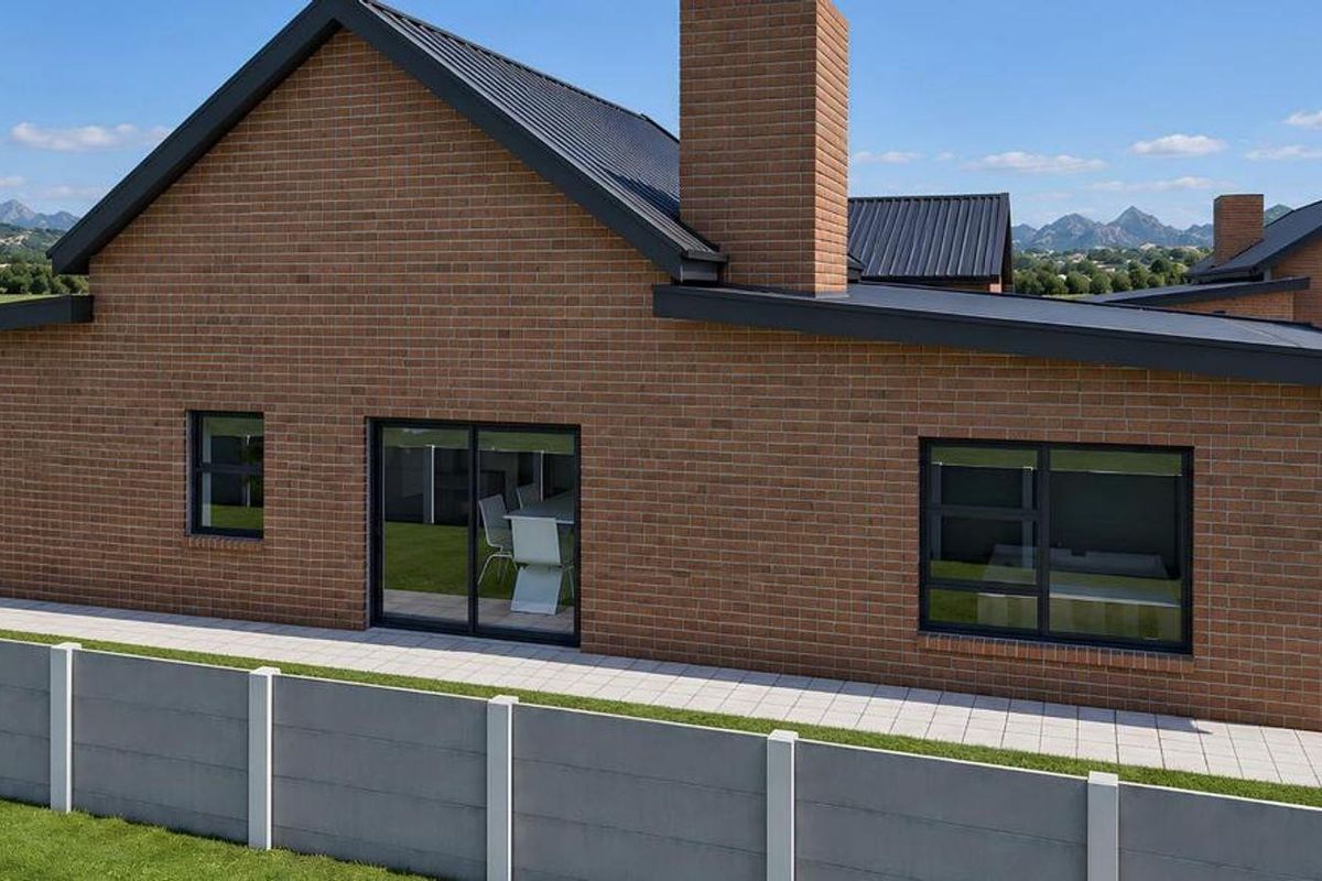Rear view of a modern brick house featuring a metal roof, chimney, paved patio area, and secure perimeter walling with scenic mountain views.