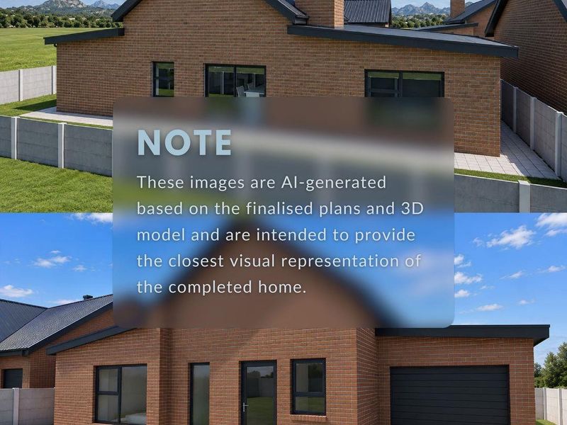 A 3D rendered exterior view of a modern brick house featuring a metal roof, integrated garage, and paved driveway within a landscaped estate setting.