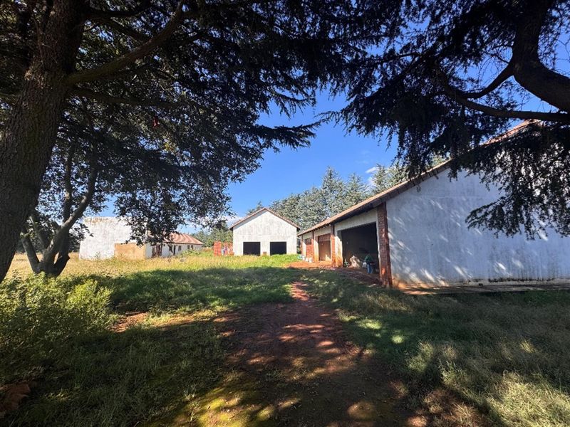 A view of multiple outbuildings set within a large, overgrown garden area featuring mature trees and an unpaved access path.