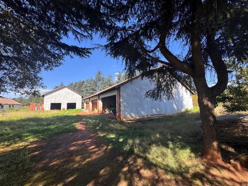 Exterior view of detached outbuildings or garage structures featuring unfinished masonry walls and pitched roofs set within a large, overgrown garden area.