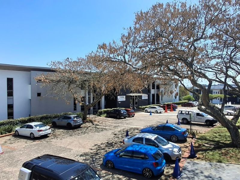 An elevated view of the office building exterior, featuring a paved parking area, landscaped grounds, and mature trees surrounding the professional premises.