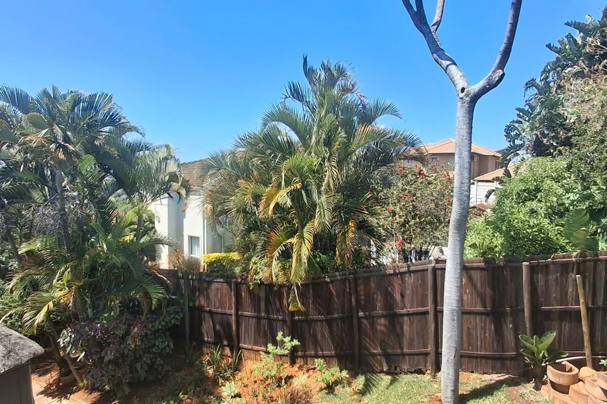 A view of the rear garden area featuring a wooden boundary fence, mature palm trees, and a portion of a thatched roof structure.