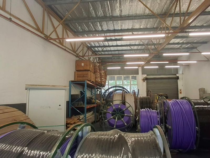 Industrial warehouse space featuring high ceilings with exposed steel trusses, roller shutter door access, and functional fluorescent lighting.