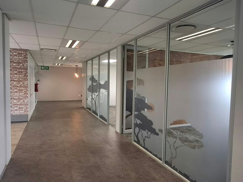 A modern office hallway featuring glass partition walls with decorative frosted film, suspended ceilings with recessed lighting, and durable tiled flooring.