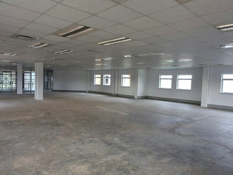 A large, open-plan office space featuring a suspended ceiling with recessed lighting, concrete flooring, and multiple windows providing natural light.
