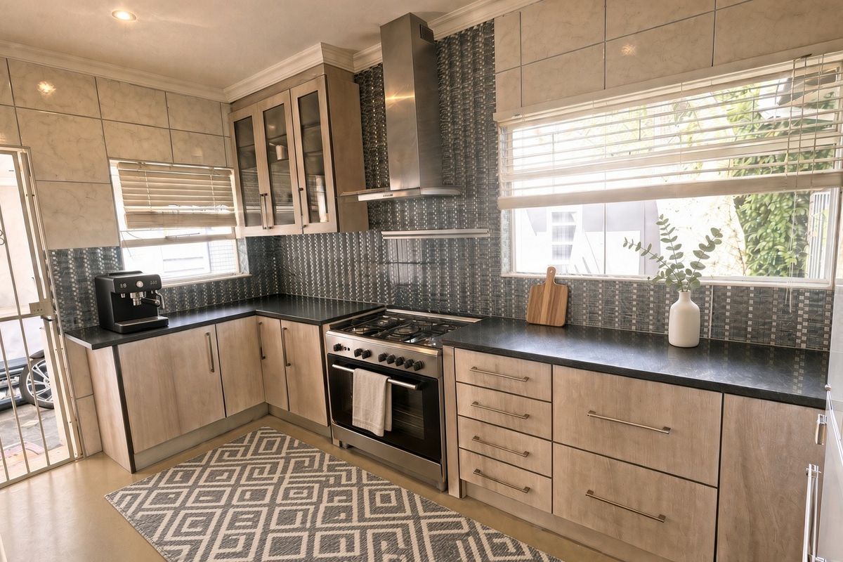 Modern kitchen featuring light wood-finish cabinetry, dark stone countertops, a gas stove with stainless steel extractor, and decorative tiled splashbacks.