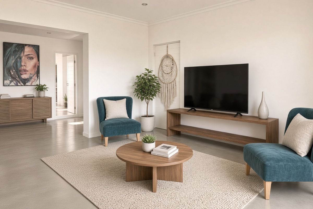 A bright and modern living room featuring polished concrete floors, recessed downlights, and a clean, minimalist aesthetic with neutral wall finishes.