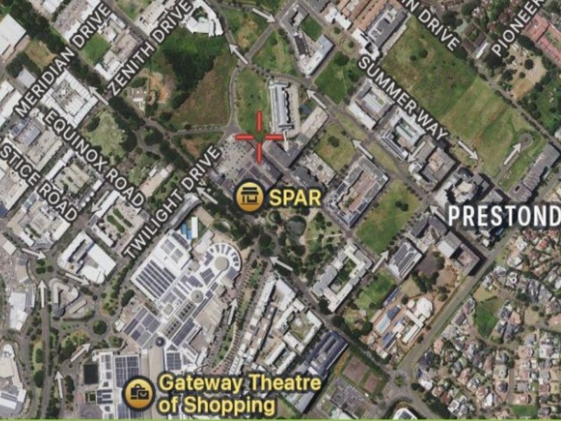 An aerial map view showing the location of the property in relation to local roads and the Gateway Theatre of Shopping.