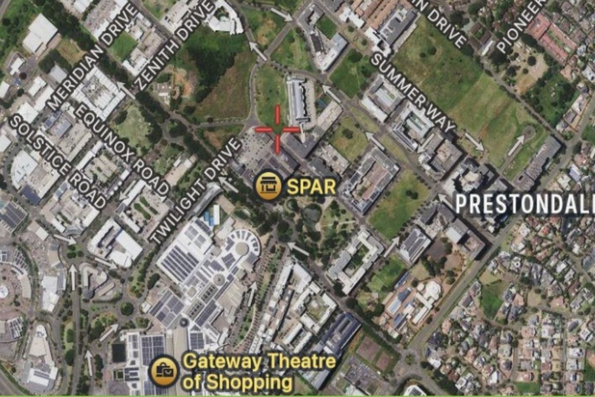 An aerial map view showing the location of the property in relation to local roads and the Gateway Theatre of Shopping.