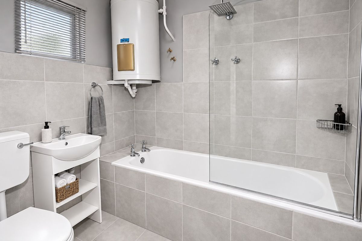 Modern bathroom featuring a bathtub with a glass shower screen, pedestal basin, toilet, and a wall-mounted electric water heater with neutral grey tiling.