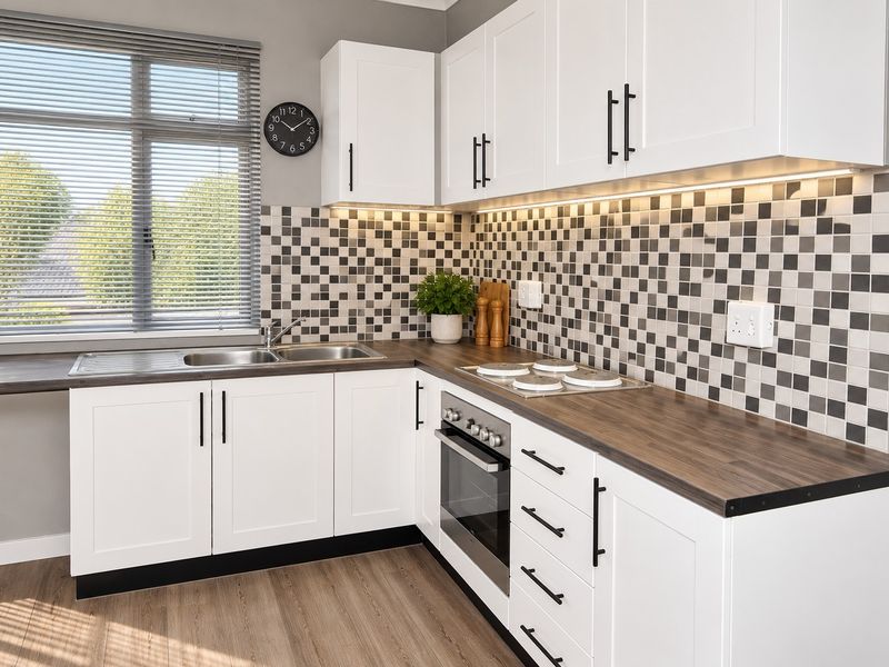 Modern kitchen featuring white shaker-style cabinetry, dark wood-look countertops, a stainless steel sink, built-in oven, and a distinctive checkered mosaic tile backsplash.