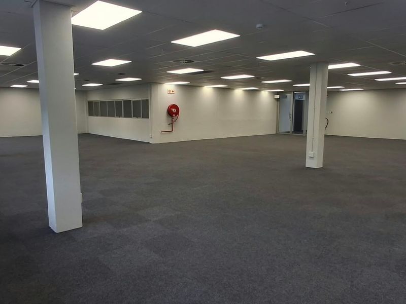 Spacious open-plan commercial office area featuring neutral carpet tiles, suspended ceilings with recessed lighting, and structural support columns.