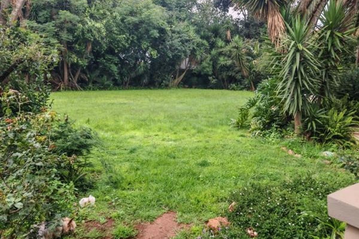 A spacious, established garden featuring a large lawn area surrounded by mature trees and dense perimeter shrubbery.