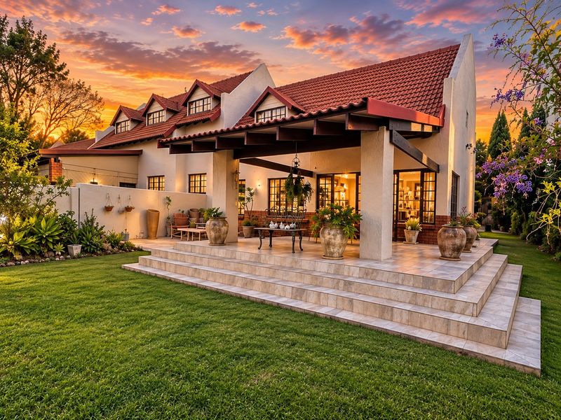 A beautifully maintained rear exterior view of a townhouse featuring a spacious tiled patio, timber pergola, and a lush landscaped garden at sunset.
