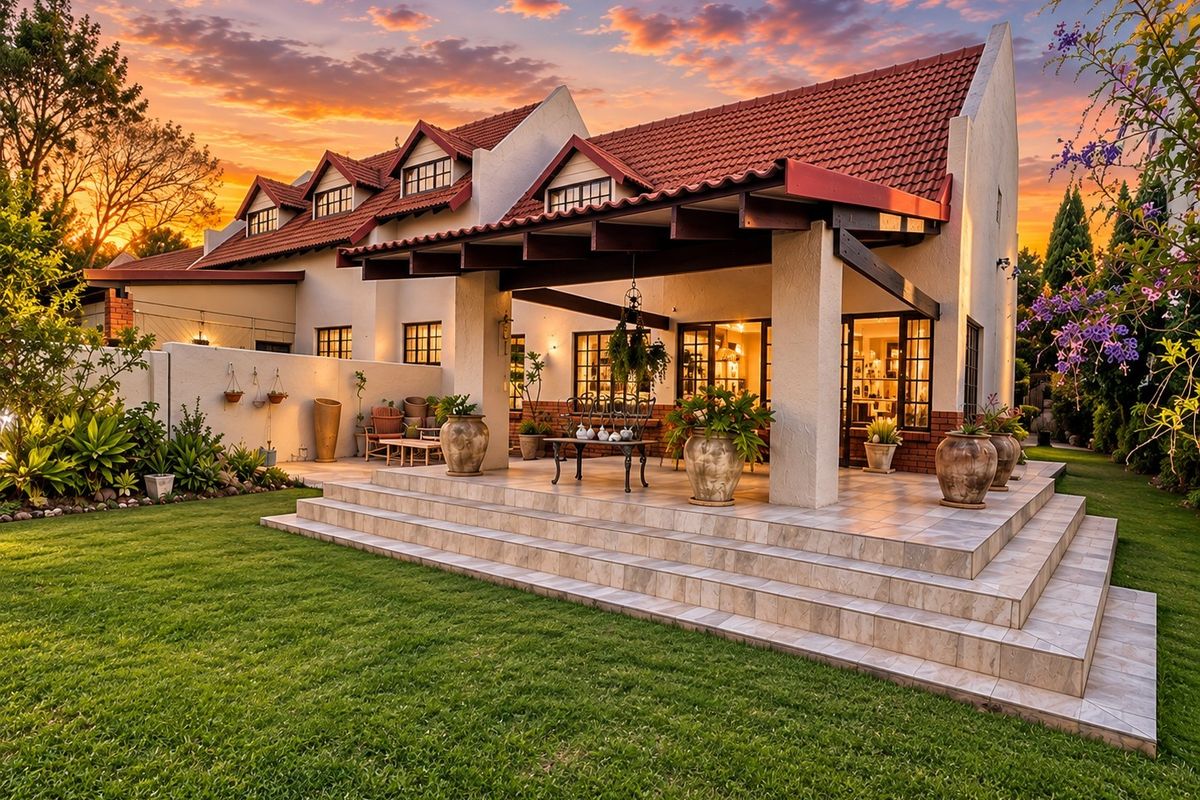 A beautifully maintained rear exterior view of a townhouse featuring a spacious tiled patio, timber pergola, and a lush landscaped garden at sunset.