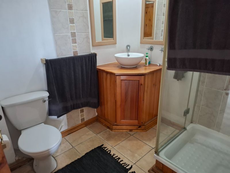 A functional bathroom featuring a corner timber vanity with a vessel sink, a standard toilet, and a glass-enclosed shower with tiled finishes.