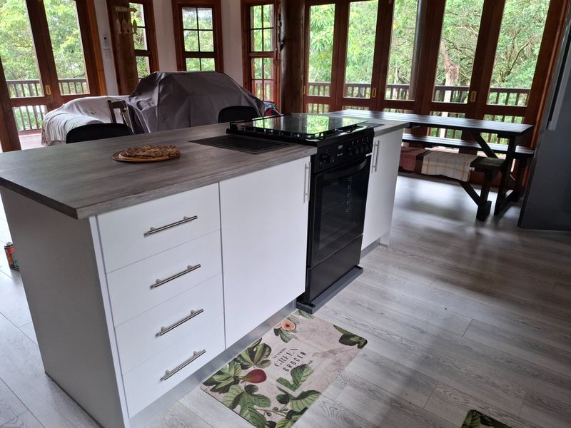 Modern kitchen island featuring a built-in oven and hob, set against a backdrop of large timber-framed glass doors overlooking a lush outdoor area.