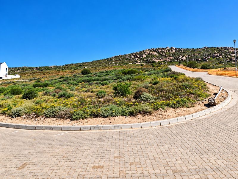 A view of a paved street and curb infrastructure bordering a natural, rocky hillside landscape in a residential estate.